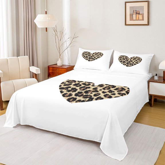 jejeloiu Cartoon Cute Loves Full Size Sheets,Chic Cheetah Print Bed Sheets,Brown White Sheet Sets For Girls Teens,Microfiber Bedroom Decor,4 Pieces