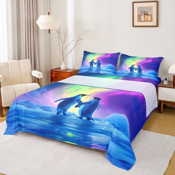 jejeloiu Cartoon Cute Penguin Full Size Sheets,Colorful Aurora Bed Sheets For Girls Boys 4 Pieces