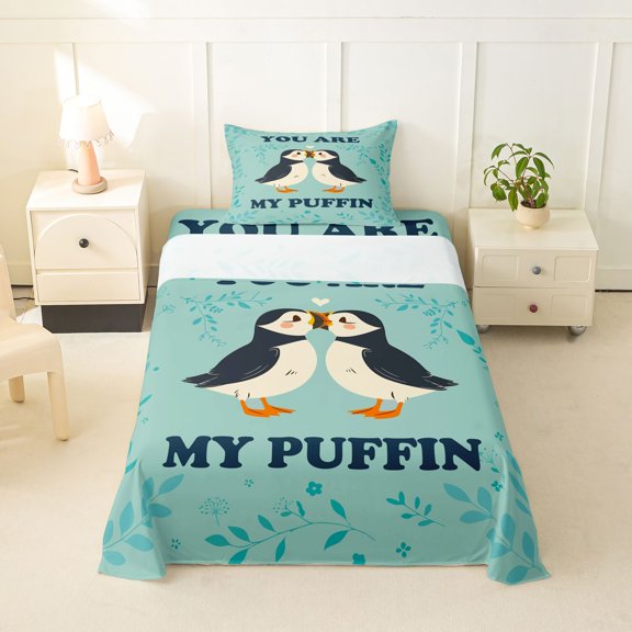 jejeloiu Cartoon Cute Seagull Twin Sheet Sets Kids,Green Floral Bird Print Bedding For Girls,3pcs
