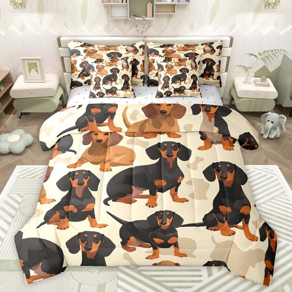 jejeloiu Cartoon Dachshund 7-Piece Twin Bedding Sets,Pet Puppy Dogs Bedding Comforter Set,Beige Black Sheet Sets For Girls Boys,Microfiber Bedroom Decor Reversible