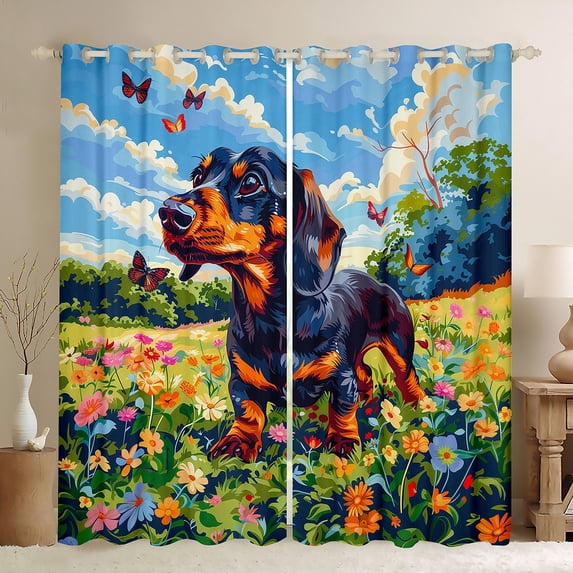 jejeloiu Cartoon Dachshund Black Out Curtains,Pet Puppy Dogs Curtains Pack of 2 (42x63 Each),Rustic Flower Floral Bedroom Curtains For Girl Boys,Ultra Soft Room Decor