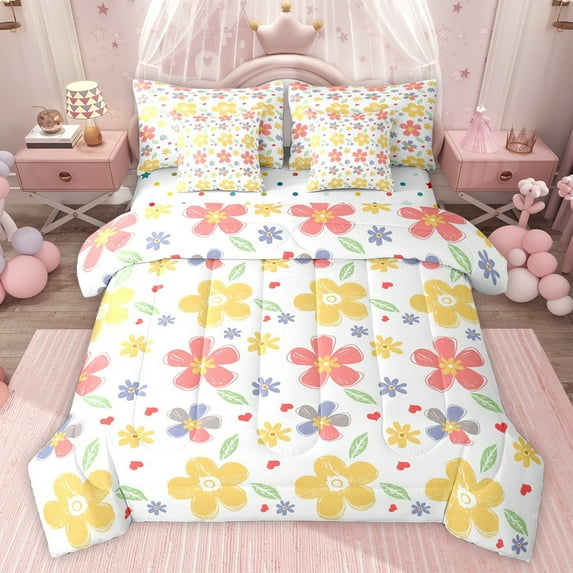 jejeloiu Cartoon Daisy Floral 7pcs Bedding Comforter Set,Graffiti Loves Pattern Queen Bedding Sets,Colorful Flowers Queen Sheet Sets For Girls Teens,Luxury Bedroom Decor Reversible