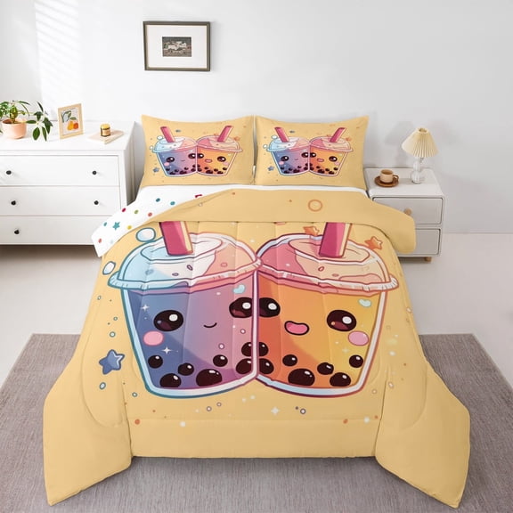 jejeloiu Cartoon Dessert Bubble Full Size Comforter Sets,Cute Milk Tea Bedding Comforter Set,Yellow Pink Blue Bedding Sets For Girls Boys,Ultra Soft Home Decor Reversible,3pcs