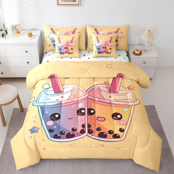 jejeloiu Cartoon Dessert Bubble Twin Bedding Sets 7-Piece,Cute Milk Tea Bedding Comforter Set,Yellow Pink Blue Sheet Sets For Girls Boys,Ultra Soft Home Decor Reversible