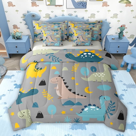 jejeloiu Cartoon Dino 7 Pieces Bedding Comforter Set,Cute Dinosaur Full Bedding Set For Boys Teens Reversible