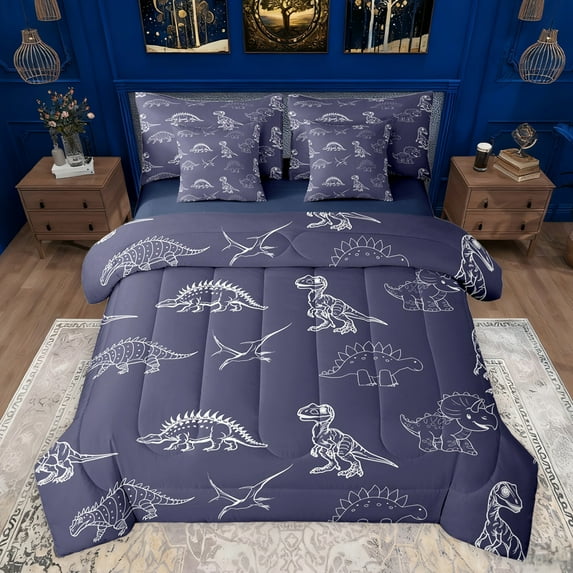 jejeloiu Cartoon Dinosaur 7 Pieces Bedding Comforter Set,Jungle Animal Full Bedding Set,Purple White Fitted Sheet Flat Sheet For Boys Kids,Super Cozy Room Decor Reversible