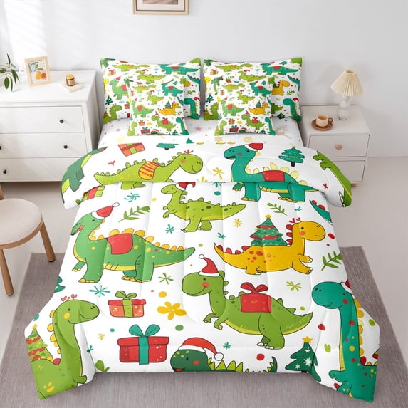 jejeloiu Cartoon Dinosaur Bedding Comforter Set 7pcs,Colorful Graffiti Animal Queen Bedding Sets,Merry Christmas Gifts Queen Sheet Sets For Boys Kids,Super Cozy Room Decor Reversible