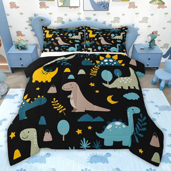 jejeloiu Cartoon Dinosaur Dino Queen Comforter Set,Colorful Cute Animals Bedding Comforter Set For Teens Reversible 3 Pieces