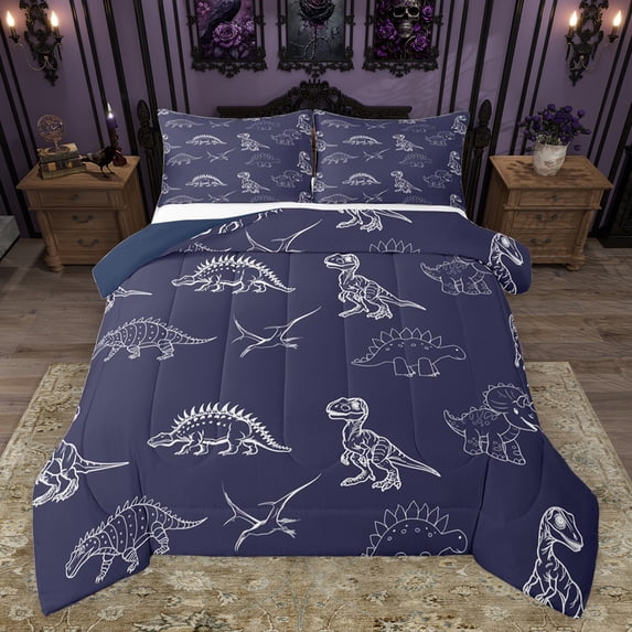jejeloiu Cartoon Dinosaur Full Size Comforter Sets,Jungle Animal Bedding Comforter Set,Purple White Bedding Sets For Boys Kids,Super Cozy Room Decor Reversible,3-Piece
