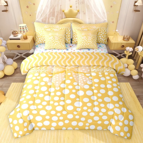 jejeloiu Cartoon Dots Bowknot 7-Piece Twin Bedding Sets,Yellow White Bedding Comforter Set For Girl Reversible