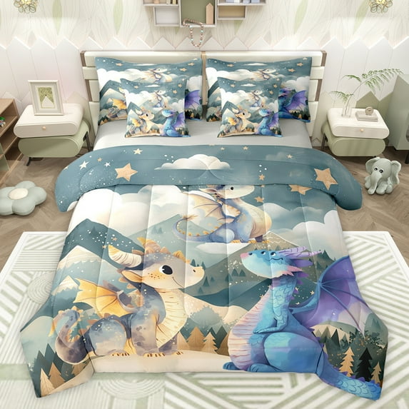 jejeloiu Cartoon Dragon 7-Piece Twin Bedding Sets,Kawaii Animal Bedding Comforter Set,Blue Teal Beige Sheet Sets For Boys,Luxury Bedroom Decor Reversible