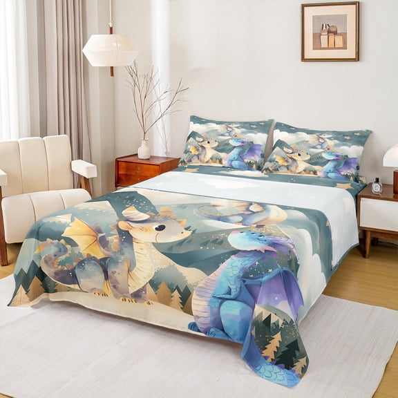 jejeloiu Cartoon Dragon Twin Sheet Sets,Kawaii Animal Twin Fitted Sheet,Blue Teal Beige Flat Sheet For Boys,Luxury Bedroom Decor,3pcs