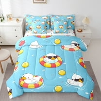 jejeloiu Cartoon Duck 7-Piece Twin Bedding Sets,Swimming Ring Bedding Comforter Set,Yellow Blue White Sheet Sets For Boys Girls,Microfiber Bedroom Decor Reversible