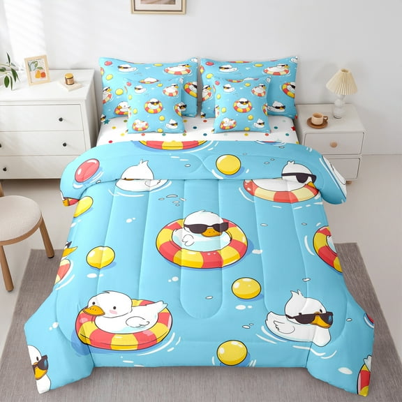 jejeloiu Cartoon Duck 7-Piece Twin Bedding Sets,Swimming Ring Bedding Comforter Set,Yellow Blue White Sheet Sets For Boys Girls,Microfiber Bedroom Decor Reversible