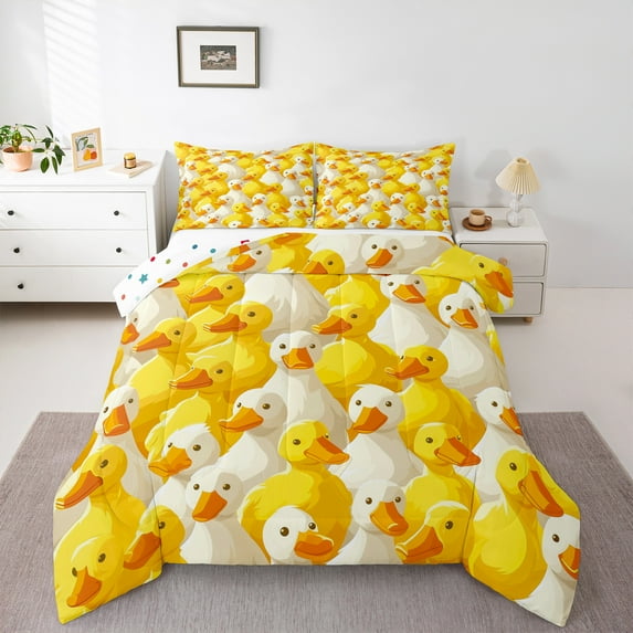 jejeloiu Cartoon Duck Full Size Comforter Sets,Farm Animal Bedding Comforter Set,Yellow White Bedding Sets For Boys Kids,Microfiber Bedroom Decor Reversible,3 Pieces