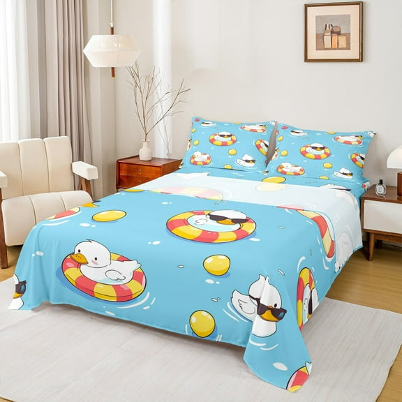 jejeloiu Cartoon Duck Twin Sheet Sets,Swimming Ring Twin Fitted Sheet,Yellow Blue White Flat Sheet For Boys Girls,Microfiber Bedroom Decor,3pcs