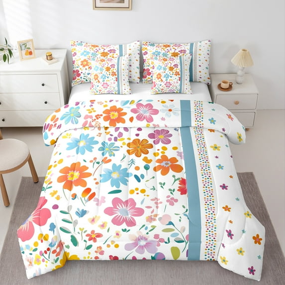 jejeloiu Cartoon Floral 7-Piece Bedding Comforter Set,Multicolor Polka Dotscolorful King Bedding Sets,Kawaii Flower Bed Sheets For Children,Super Cozy Room Decor