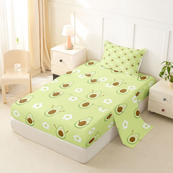 jejeloiu Cartoon Floral Blossom Twin Sheet Sets,Green Cute Avocado Bedding For Girls Women 3pcs