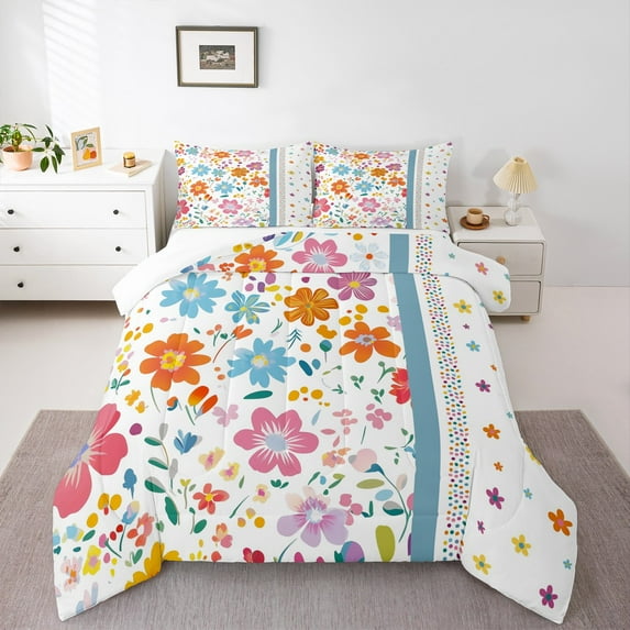 jejeloiu Cartoon Floral Full Size Comforter Sets,Multicolor Polka Dotscolorful Bedding Comforter Set,Kawaii Flower Bedding Sets For Children,Super Cozy Room Decor,3 Pieces