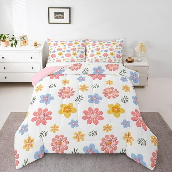 jejeloiu Cartoon Floral Queen Comforter Set,White Pink Blue Bedding Sets,Kawaii Flower Bedding Comforter Set For Children,Super Cozy Room Decor Reversible,3-Piece