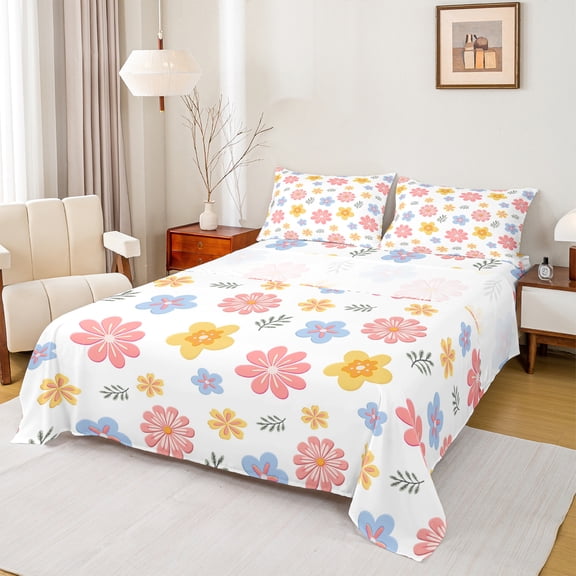 jejeloiu Cartoon Floral Queen Sheet Sets,White Pink Blue Flat Sheet,Kawaii Flower Queen Fitted Sheet For Children,Super Cozy Room Decor,4-Piece