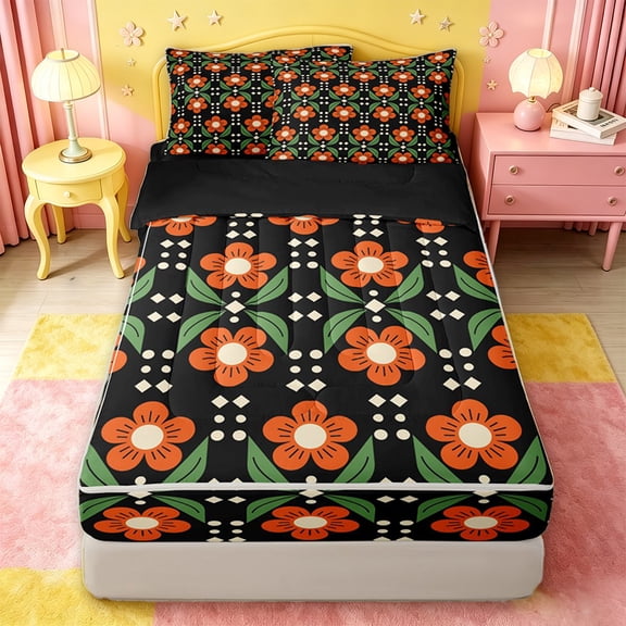 jejeloiu Cartoon Floral Zipper Twin Comforter Sets with Fitted Sheet and 2 Pillowcases For Men Women,Retro Geometric Flowers Zipper Bedding Set,Orange Green,Black Reversible,4-Piece