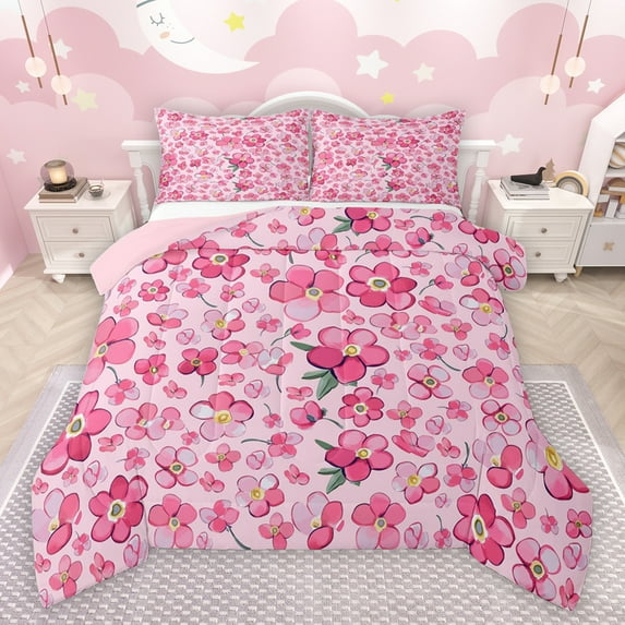 jejeloiu Cartoon Flower Bedding Comforter Set,Kawaii Floral Twin Comforter Sets,Pink Peach Blossom Bedding Set For Teens,Super Cozy Room Decor Reversible,2 Pieces