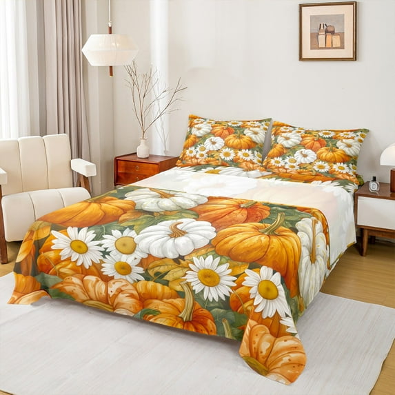 jejeloiu Cartoon Flower Daisy Bed Sheets,Orange Pumpkin King Sheets,Autumn Fall Theme Sheet Set For Girls,Breathable Home Decor,4 Pieces
