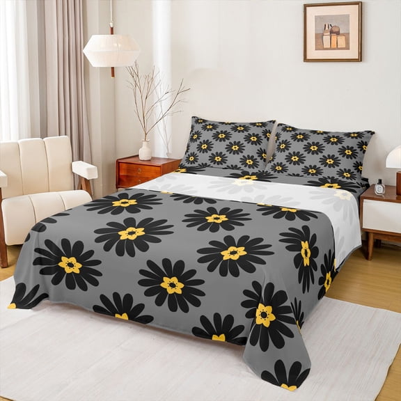jejeloiu Cartoon Flower Twin Sheet Sets,Black Daisy Floral Bedding For Girls Women 3 Pieces