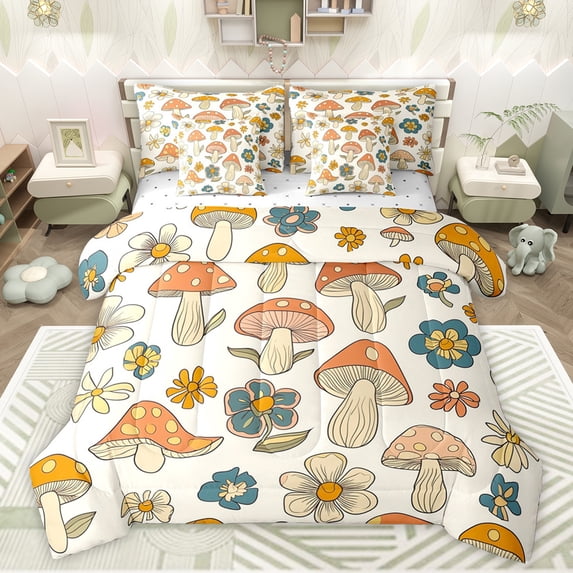 jejeloiu Cartoon Flowers Floral 7-Piece Bedding Comforter Set,Colorful 3D Mushroom King Bedding Sets,Fungus Botanical Bed Sheets For Girls Teens,Ultra Soft Home Decor Reversible