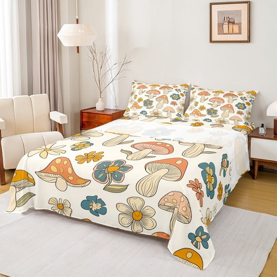 jejeloiu Cartoon Flowers Floral Queen Sheet Sets,Colorful 3D Mushroom Flat Sheet,Fungus Botanical Queen Fitted Sheet For Girls Teens,Ultra Soft Home Decor,4pcs