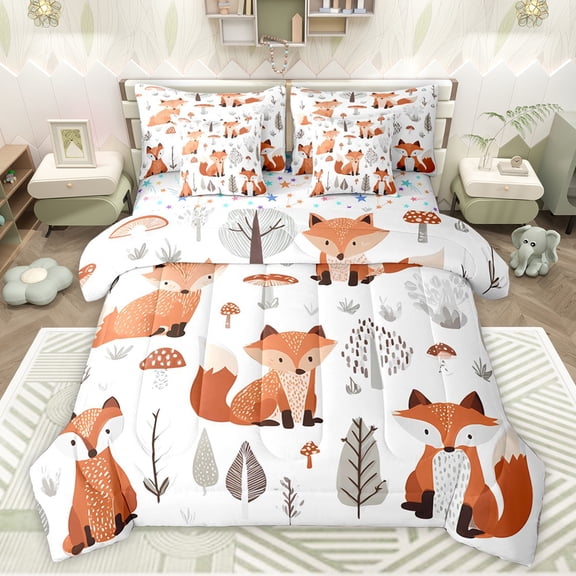 jejeloiu Cartoon Fox 7pcs Bedding Comforter Set,Rustic Plant Queen Bedding Sets,White Orange Gray Queen Sheet Sets For Boys Teens,Luxury Bedroom Decor Reversible