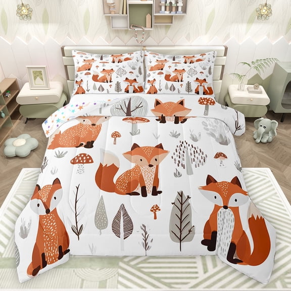 jejeloiu Cartoon Fox Bedding Comforter Set,Rustic Plant Twin Comforter Sets,White Orange Gray Bedding Set For Boys Teens,Luxury Bedroom Decor Reversible,2-Piece