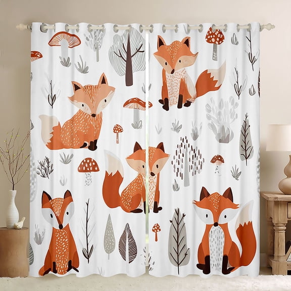 jejeloiu Cartoon Fox Blackout Curtains Set of 2 (52x84 Each),Rustic Plant Window Curtains,White Orange Gray Curtains and Drapes For Boys Teens,Luxury Bedroom Decor