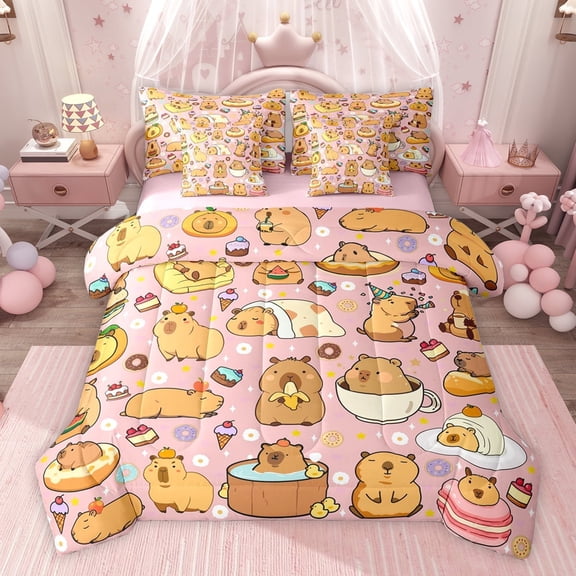 jejeloiu Cartoon Funny Capybara 7-Piece Twin Bedding Sets,Kawaii Flower Floral Bedding Comforter Set For Girls Teens Reversible