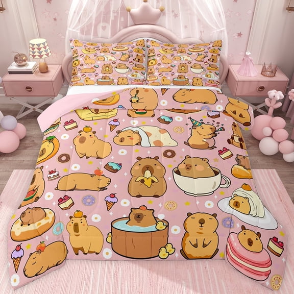 jejeloiu Cartoon Funny Capybara Twin Comforter Sets,Kawaii Flower Floral Bedding Set For Girls Teens Reversible 2-Piece