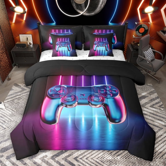 jejeloiu Cartoon Gamepad 7-Piece Twin Bedding Sets,Modern Video Games Bedding Comforter Set For Console Gamer Reversible