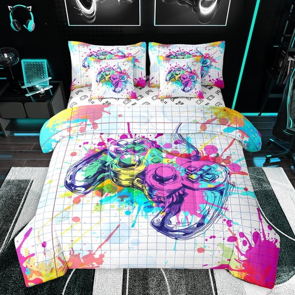jejeloiu Cartoon Gamepad 7 Pieces Bedding Comforter Set,Games Console Lover Full Bedding Set,Watercolor Splatter Ink Fitted Sheet Flat Sheet For Boys Kids,Ultra Soft Home Decor Reversible