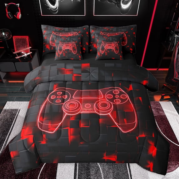 jejeloiu Cartoon Gamepad 7pcs Bedding Comforter Set,Games Console Lover Queen Bedding Sets,3D Geometric Plaid Queen Sheet Sets For Boys Kids,Ultra Soft Home Decor Reversible