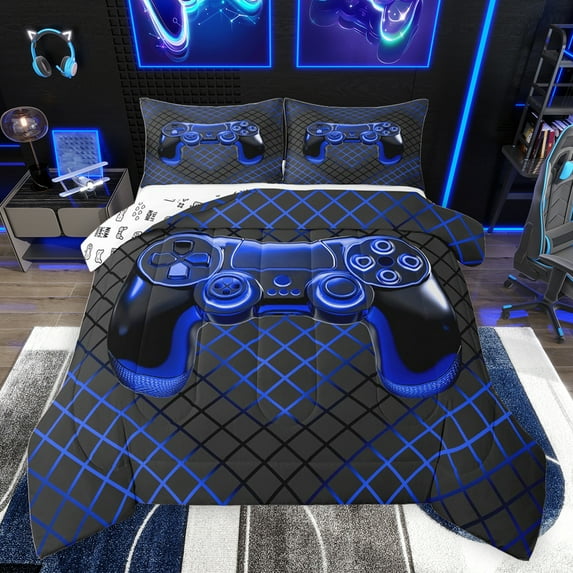 jejeloiu Cartoon Gamepad Queen Comforter Set,Games Console Lover Bedding Sets,Blue Rhombus Pattern Bedding Comforter Set For Boys Kids,Ultra Soft Home Decor Reversible,3 Pieces
