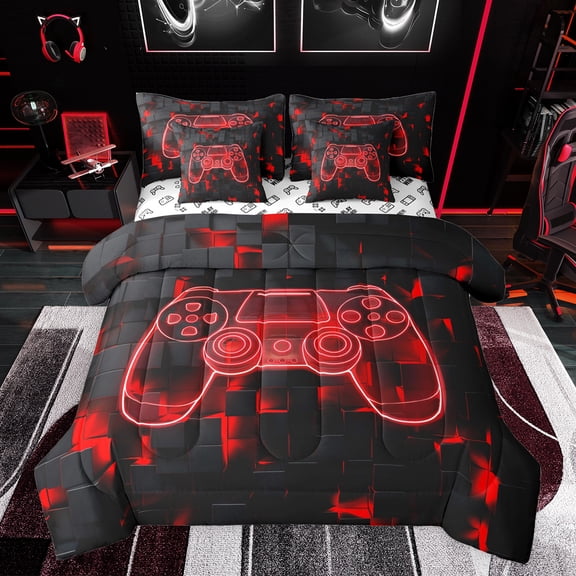 jejeloiu Cartoon Gamepard 7-Piece Twin Bedding Sets,Teen Video Gamer Bedding Comforter Set,Red Black Sheet Sets For Boys Kids,Luxury Bedroom Decor Reversible