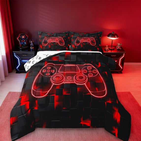 jejeloiu Cartoon Gamepard Bedding Comforter Set,Teen Video Gamer Twin Comforter Sets,Red Black Bedding Set For Boys Kids,Luxury Bedroom Decor Reversible,2-Piece