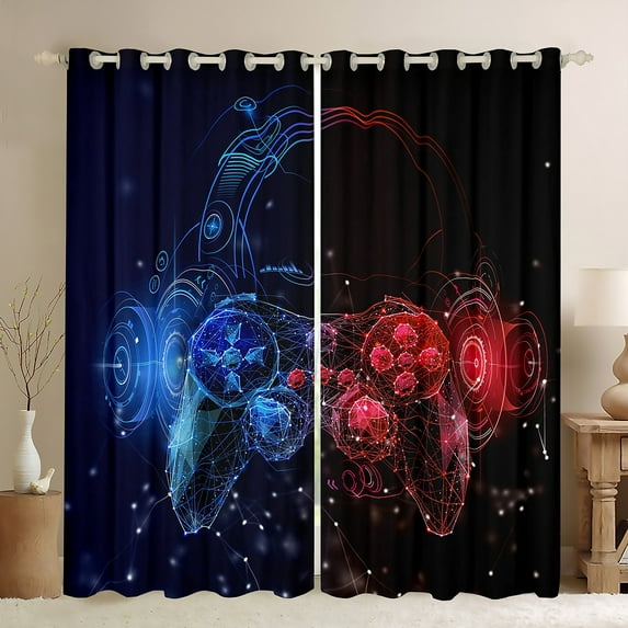 jejeloiu Cartoon Gamepard Game Blackout Curtains Set of 2 (52x84 Each),Modern Abstract Geometric Window Curtains,Red Blue Black Curtains and Drapes For Boys Kids,Luxury Bedroom Decor