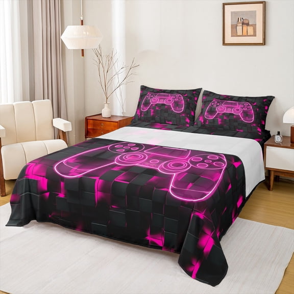 jejeloiu Cartoon Gamepard Queen Sheet Sets,Geometric Checkered Pattern Flat Sheet,Pink Black Queen Fitted Sheet For Boys Kids,Luxury Bedroom Decor,4-Piece