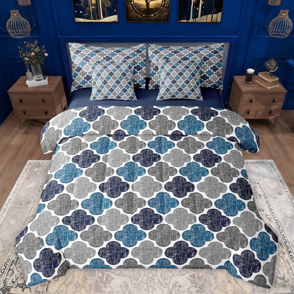 jejeloiu Cartoon Geometric Floral 7pcs Bedding Comforter Set,Abstract Rhombus Queen Bedding Sets,Blue Gray Queen Sheet Sets For Kids,Ultra Soft Home Decor Reversible