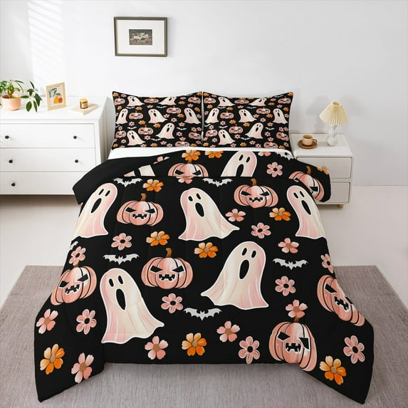 jejeloiu Cartoon Ghost Twin Comforter Set,Halloween Pumpkin Rustic Floral,Ultra Soft Reversible Decor,2-Piece