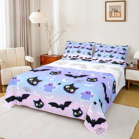 jejeloiu Cartoon Ghost Cat Bed Sheets,Halloween Spooky Bats King Sheets,Pink Purple Blue Ombre Sheet Set For Girls,Breathable Bedroom Decoration,4pcs