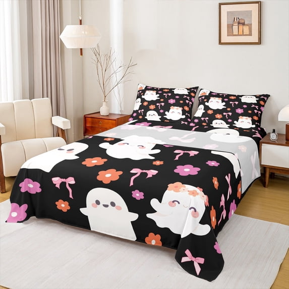 jejeloiu Cartoon Ghost Full Size Sheets,Colorful Flower Floral Bed Sheets,Pink Bowtie Bow Sheet Sets For Girls,Luxury Bedroom Decor,4 Pieces