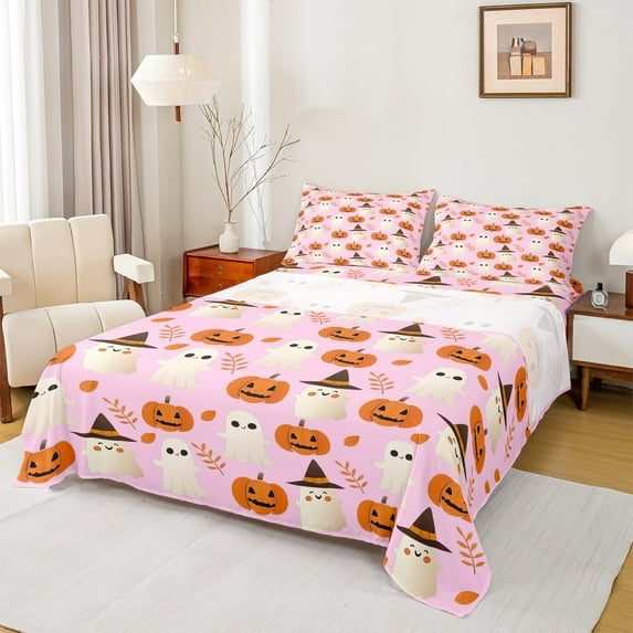 jejeloiu Cartoon Ghost Full Size Sheets,Halloween Pumpkin Bed Sheets,Autumn Fall Leaves Sheet Sets For Girls,Breathable Home Decor,4 Pieces
