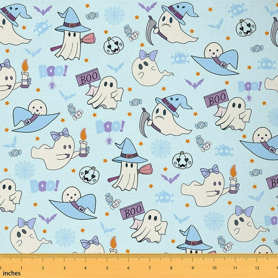 jejeloiu Cartoon Ghost Pumpkin Fabric by the Yard 3 Yards,Halloween Spider Webs Sewing Fabric,Blue Witch'S Hat Fabric for Sewing For Boys,Ultra Soft Home Decor